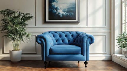 Elegant blue tufted armchair interior design