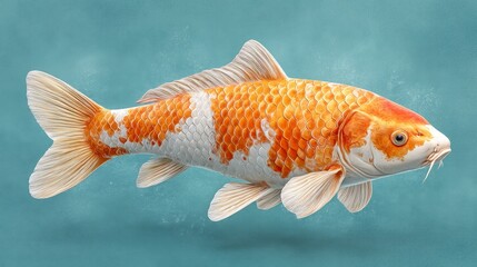 Orange and white Koi fish swimming in blue water, detailed scales and fins, textured background
