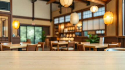 Empty wooden table with blurred Japanese restaurant interior background