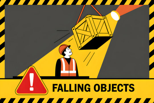 Construction worker watching falling crate in warehouse, safety hazard warning