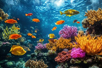 Naklejka premium Underwater view of fish and coral in clear tropical water