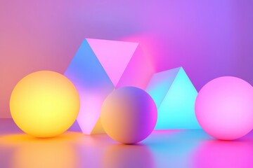 Colorful geometric shapes with soft lighting create a vibrant abstract display in a studio