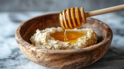 Honey face mask beauty Honey drizzling from a wooden dipper into a bowl of honeycomb.