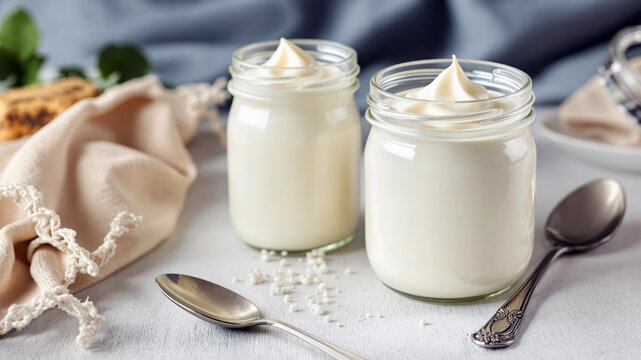 Vintage Spoon Beside Glass Jars of Creamy Yogurt on Light Textured Surface