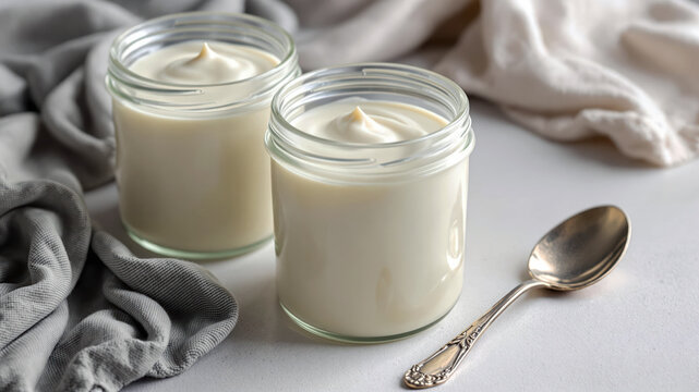 Creamy Yogurt in Two Glass Jars with Vintage Spoon on Light Surface Scene