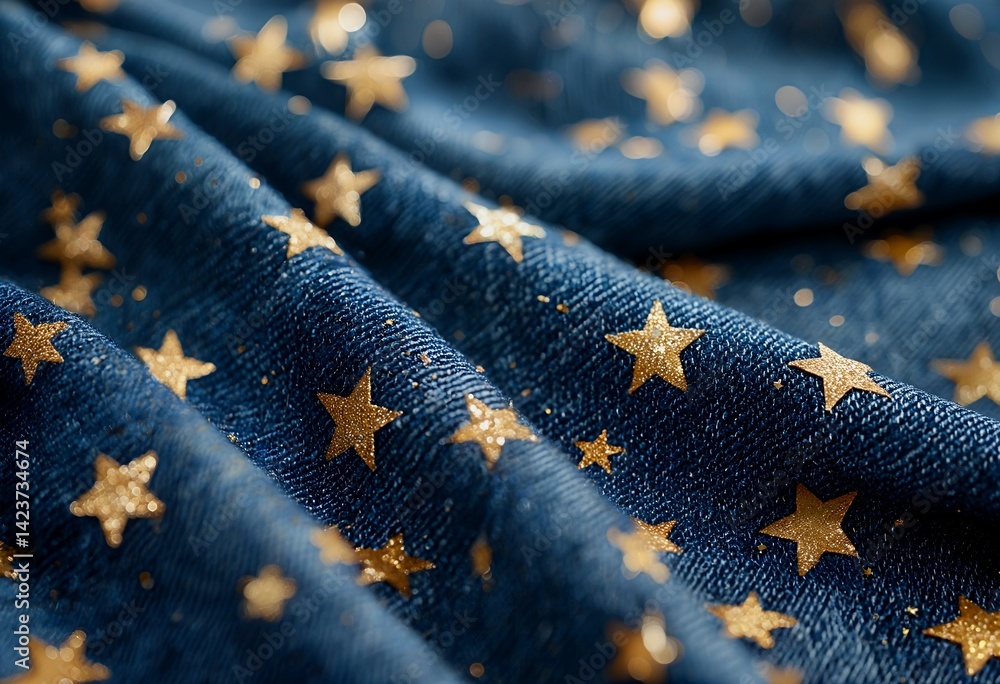 Poster a close-up view of dark blue fabric adorned with shimmering gold star patterns creating a festive an
