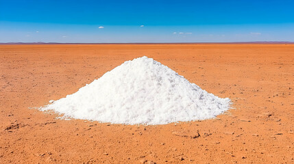 A large pile of white salt sits on a flat, red desert under a clear blue sky