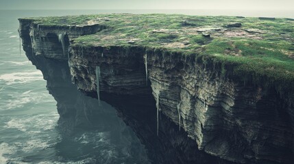 Majestic Rocky Cliff Overlooking Turbulent Ocean Waters with Greenery and Textured Rock Facade