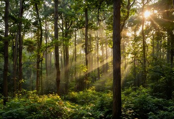 Obraz premium golden sunlight streams through a dense, lush forest, illuminating the vibrant green undergrowth and towering tree trunks.