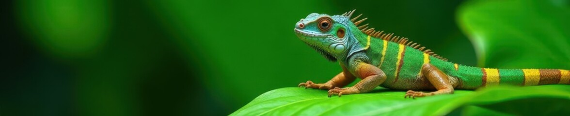 Obraz premium Fiji banded iguana basking on vibrant green leaf, reptile, lizard, herpetology