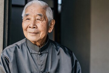 Portrait of an elderly east asian man with silver hair and gentle smile traditional chinese collar indoor setting close-up view representing wisdom and culture