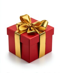 Fototapeta premium Close up of a square red gift box with golden ribbon and bow on a white background stage