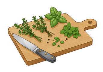 新鮮ハーブ 木製まな板の上 爽やか緑色