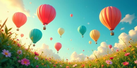 Obraz premium A whimsical journey above a vibrant field of wildflowers, with colorful hot air balloons floating gracefully in a sunny sky, creating a breathtaking and serene landscape.