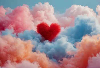 Fototapeta premium a vibrant red heart floats amidst swirling clouds of pastel pink, blue, and orange in a dreamy, atmospheric composition.