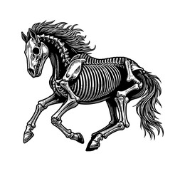 Horse Skeleton Fossil Bones Isolated on White Background in Detailed Anatomy