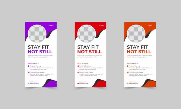 fitness gym roll up banner or stand banner design template with violet, red, and orange colors, unique rack card or gym dl flyer printing file