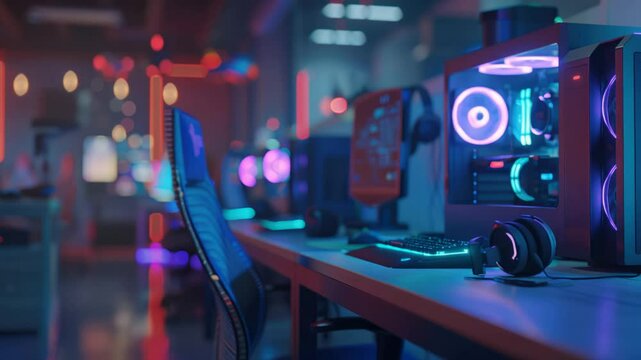 Vibrant gaming setup in neon lit cyber cafe featuring rgb lighting and hightech gear