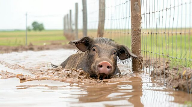 Playful pig enjoying mud bath in rural pasture behind a wire fence