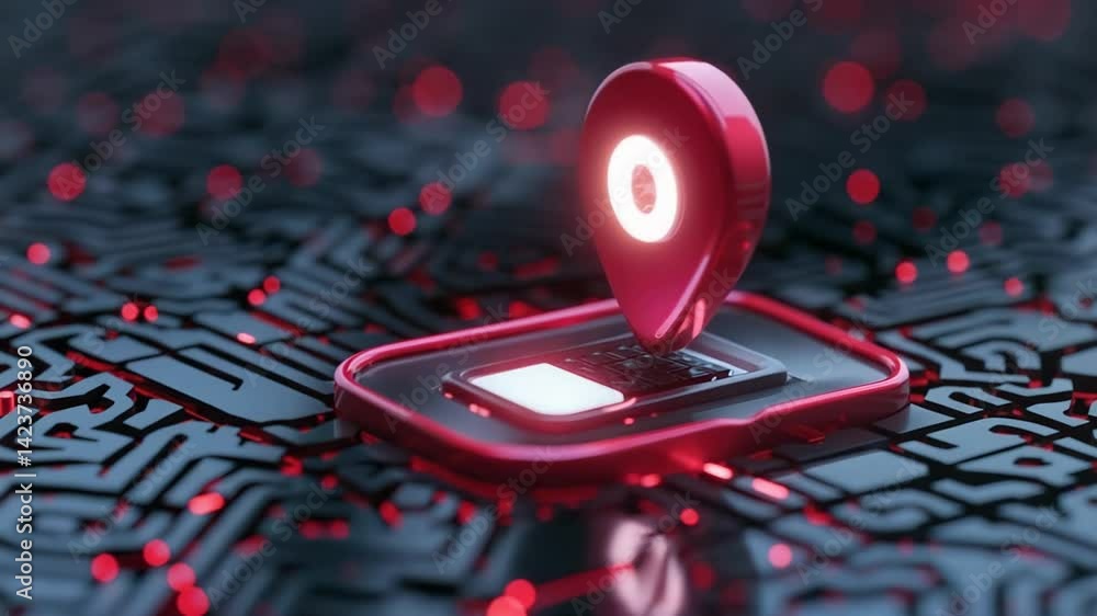 Poster futuristic red locator on digital circuit board glowing and activating in hightech environment