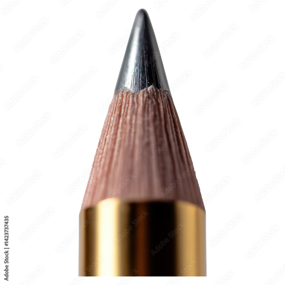Poster close-up of sharp pencil tip with shiny metallic barrel finish, isolated on transparent background.
