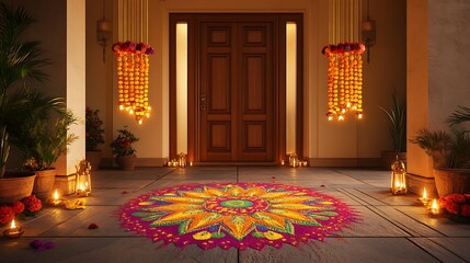 Indian festive home doorway decorated with vibrant layered Rangoli paper patterns on the floor, hanging diyas crafted from golden paper above the entrance,