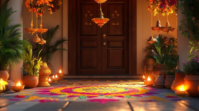 Indian festive home doorway decorated with vibrant layered Rangoli paper patterns on the floor, hanging diyas crafted from golden paper above the entrance,