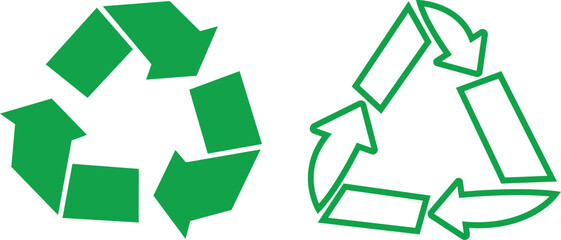 Green recycle flat, outline icons set. Arrows that revolve endlessly Reuse concept Recycled. Rounded angles. Ecology, Bio rotation arrows, leaf symbols illustration isolated on transparent background.