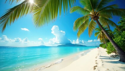 Fototapeta premium Sun-drenched beach, turquoise water, leaning palm trees, photography, texture, white