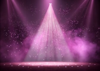 Intense magenta spotlight glow, foggy performance backdrop, falling glitter elements, powerful beam projection, dramatic stage atmosphere, volumetric light streams, elegant celebration lighting