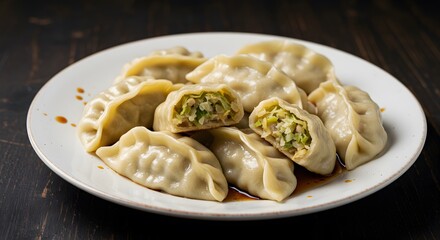 A plate of homemade dumplings stuffed with pork and cabbage