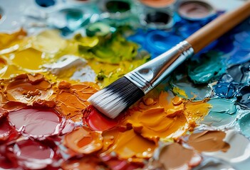 Obraz premium a close-up view of a paint brush resting on a colorful artist's palette filled with various shades of oil paint.