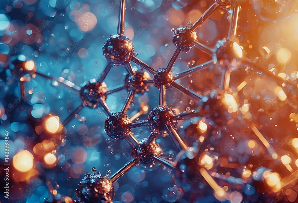 Poster a complex molecular structure glows with warm and cool light against a blurred, abstract background.