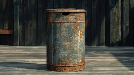 Naklejka premium Rusty Metal Barrel Featuring Distressed Blue and Orange Patina Surrounded by Dark Wooden Background