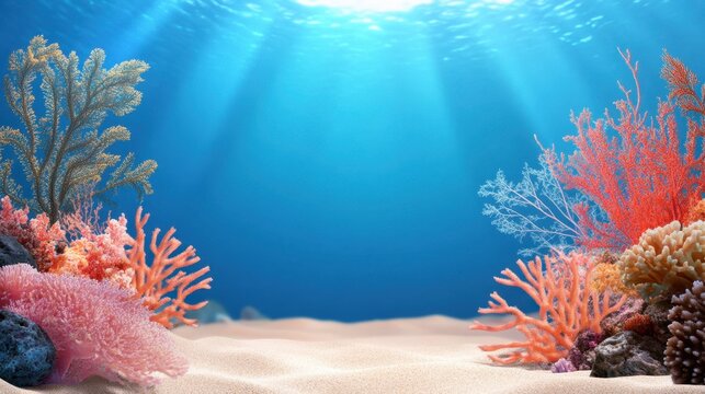 Fototapeta Artistic sea bottom illustration with colorful corals, marine plants, and ocean sand