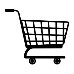 A shopping cart, the essence of retail and purchasing, presented as a sleek monochrome silhouette. Perfect for conveying themes of consumption and retail in a simple, yet impactful design.