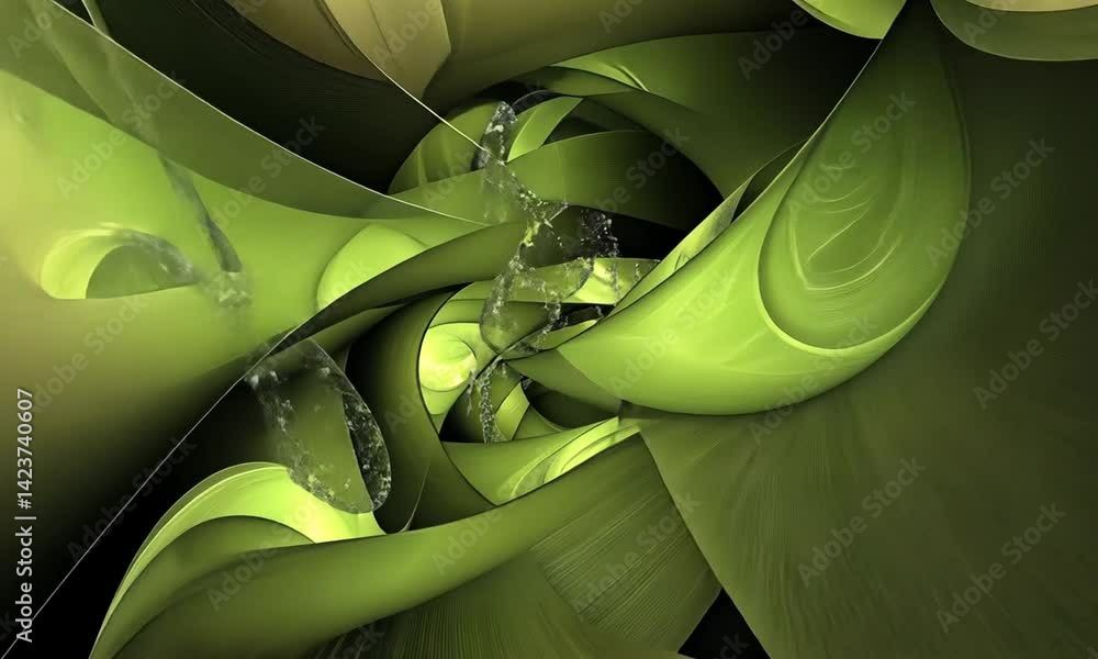 Poster abstract green particles flowing from glowing center in motion made with generative ai technology