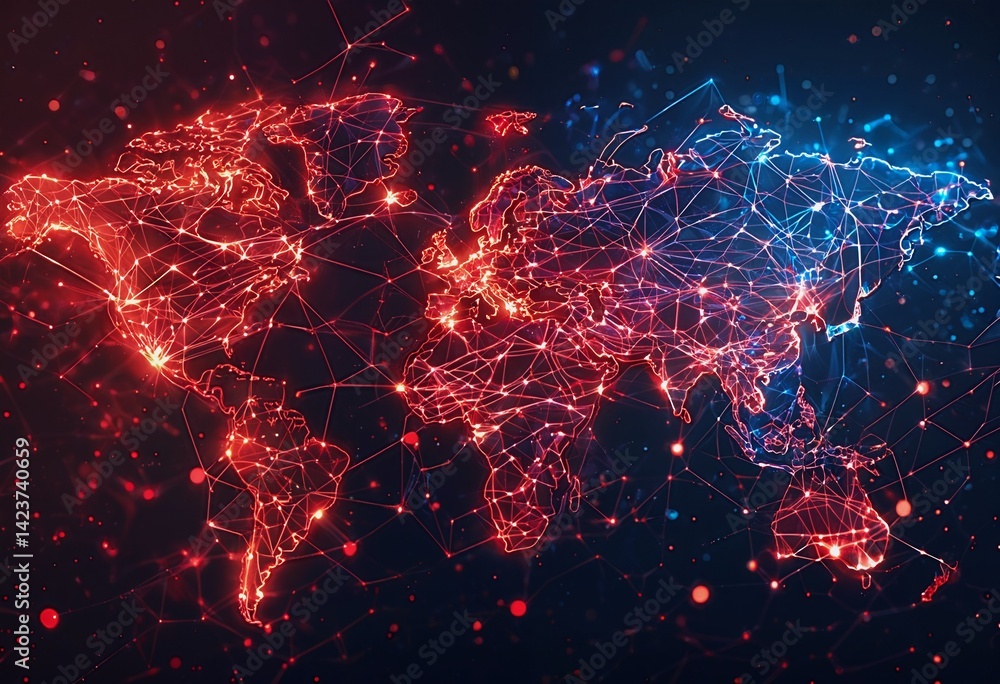 Aufkleber a vibrant digital world map illuminated with glowing red and blue networks representing global conne