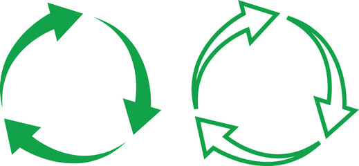 Obraz premium Green recycle flat, outline icons set. Arrows that revolve endlessly Reuse concept Recycled. Rounded angles. Ecology, Bio rotation arrows, leaf symbols illustration isolated on transparent background.