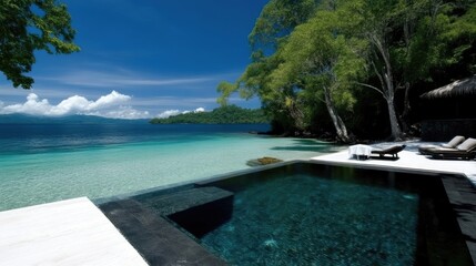 Tranquil overwater pool paradise. Lush tropical vegetation frames a pristine lagoon pool extending to the turquoise ocean.  Relaxing sun loungers line the edge of the pool,