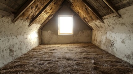Obraz premium Spacious Rustic Attic with Sunlight Streaming Through Window and Natural Straw Floor