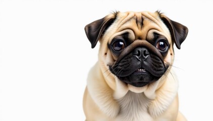 Playful pug, isolated, white backdrop Charming wrinkles, big eyes , isolated, joyful