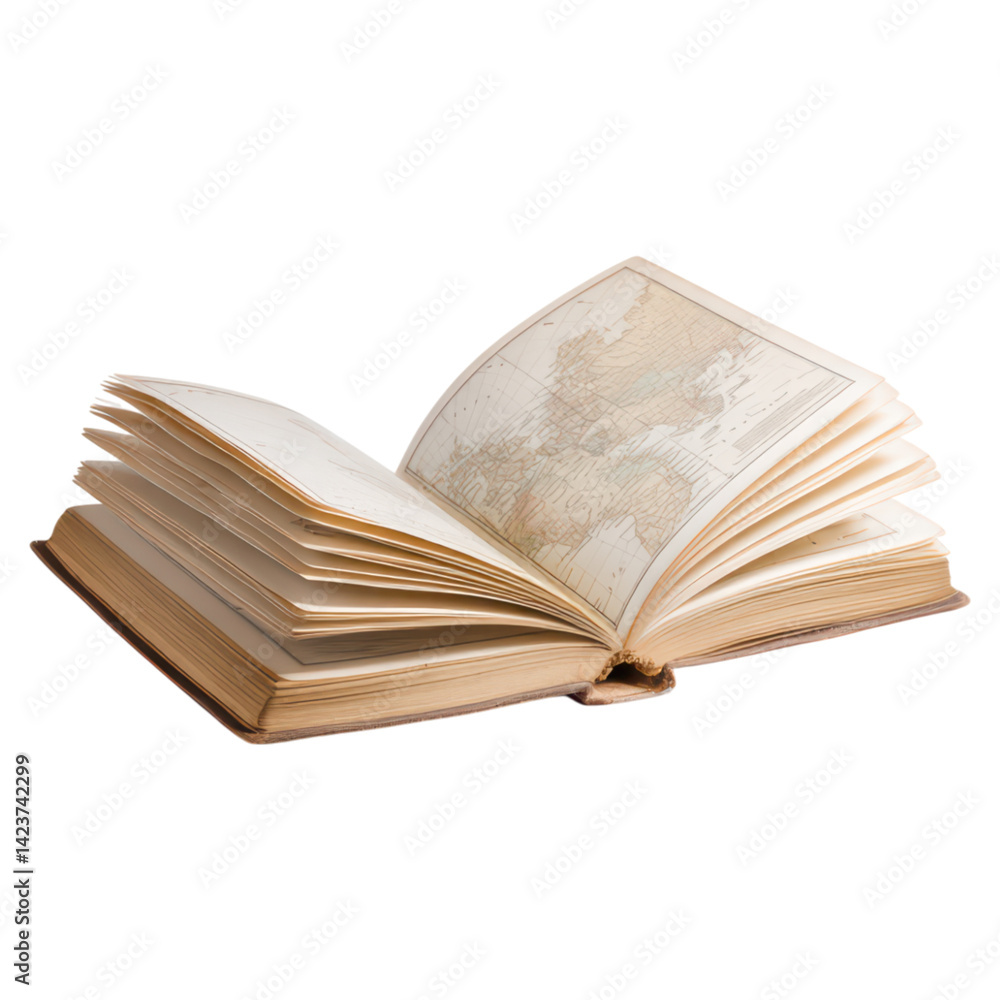 Poster open vintage book with map pages displaying classical cartography, isolated on transparent backgroun