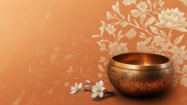 tibetian singing bowl for buddhist chant and meditation isolated on brown background