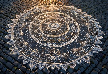 Obraz premium a detailed chalk mandala graces a wet cobblestone street, illuminated by warm evening light.