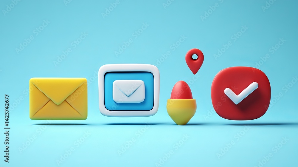 Poster modern 3d icons set email location checkmark notification digital communication internet technology 