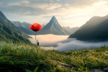 Solitary red poppy in mountain landscape with morning mist and sunrise