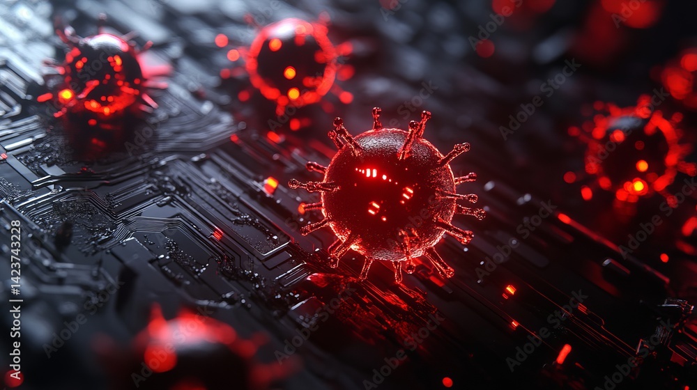 Poster red virus cells on dark circuit board digital art abstract technology background futuristic medical 