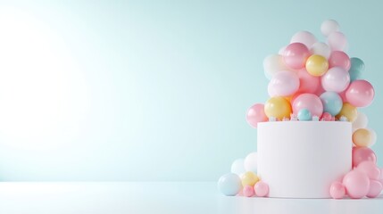 Pastel-toned celebration scene with balloons and cake