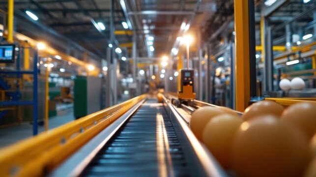 Brown eggs glide along automated track in high-volume poultry egg processing center